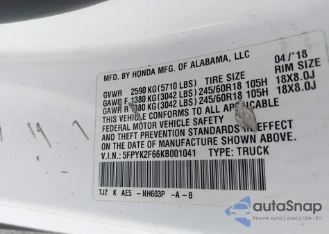 2019 Honda Ridgeline Rtl-T z USA, uszkodzony, nr VIN 5FPYK2F66KB001041